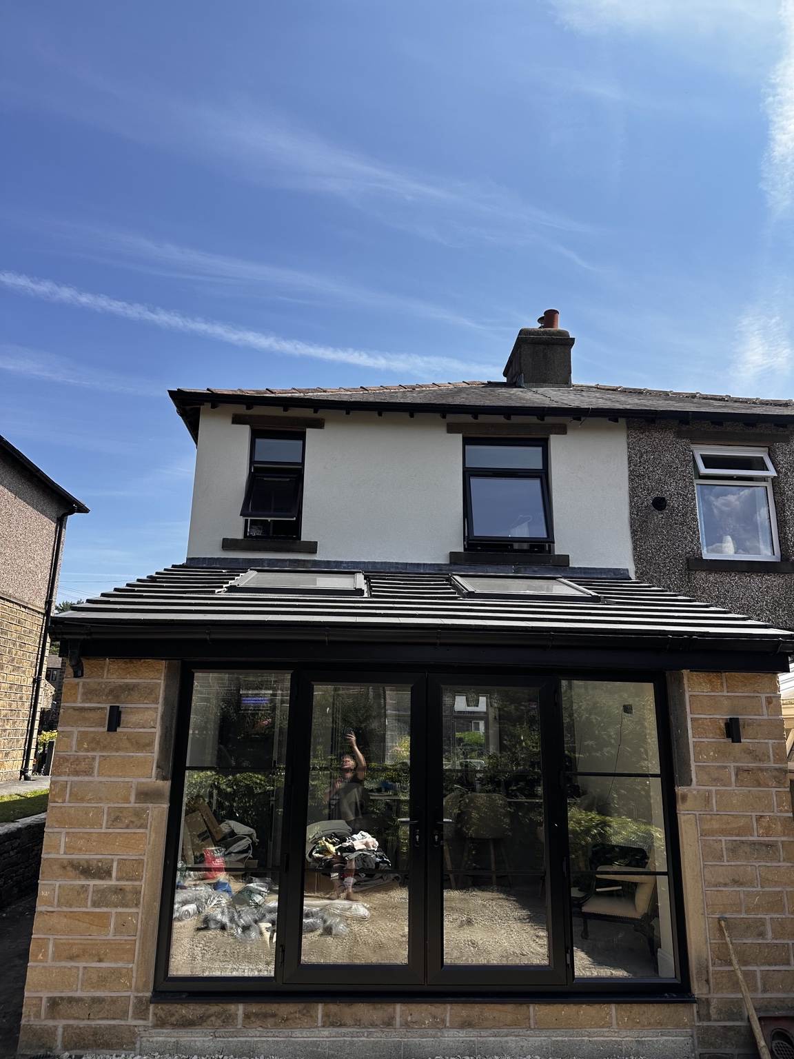 Rear single-storey extension at our Slaithwaite home, showing the new roof and glazing